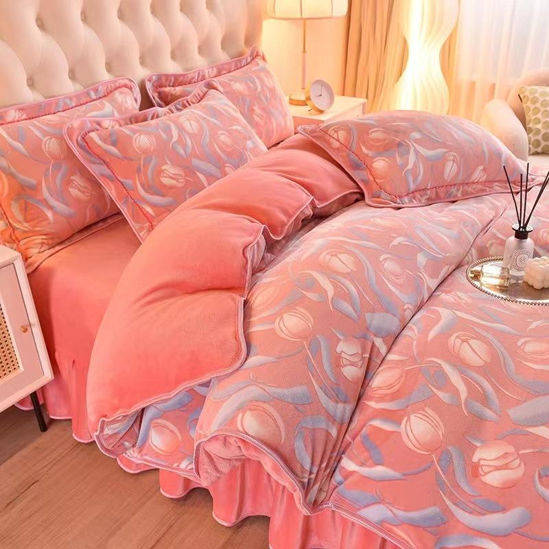 

[Free Shipping] [Free Shipping] Thickened Milk Fleece Four-Piece Warm Fleece Anti-Static Bedding skirt 1.2 3pc- quilt cover 150x200