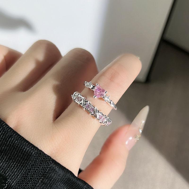 Sweet pink diamond love cross white temperament open ring women's peach heart thorn simple light luxury high sense ring