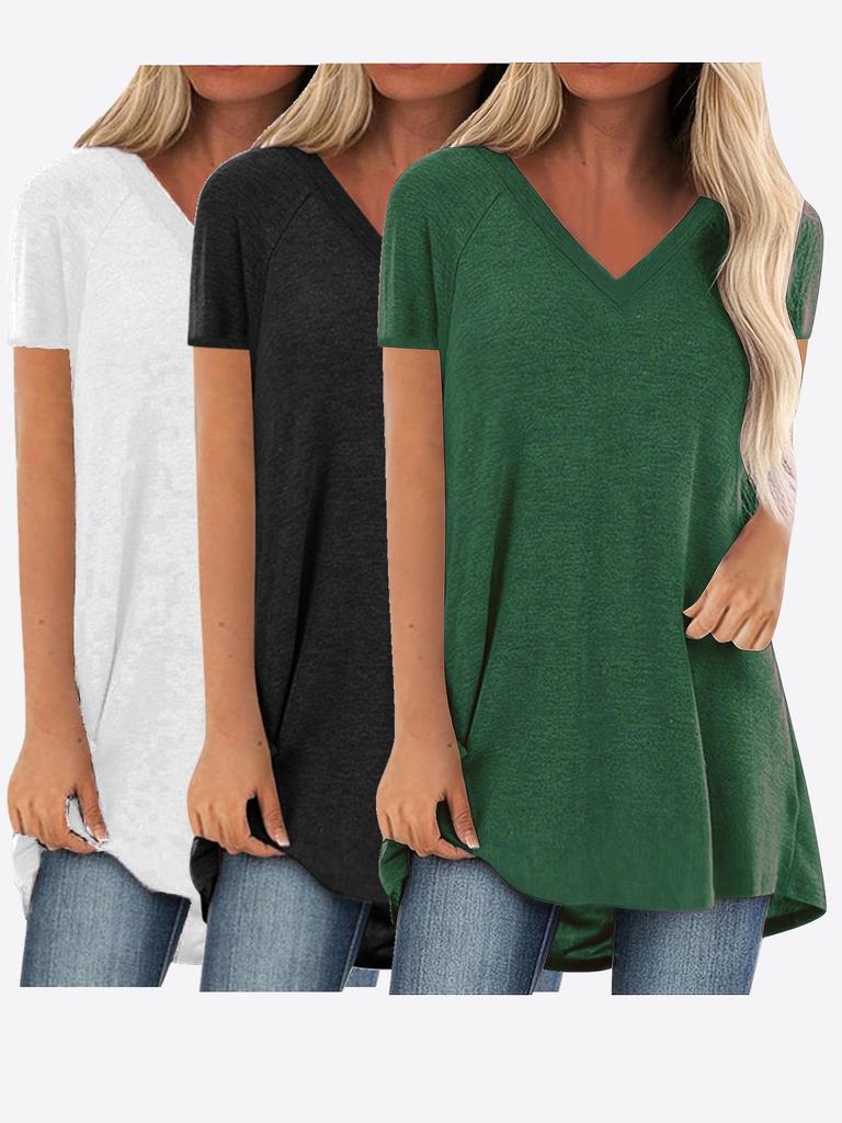 Women's V-Neck Swallowtail Short-Sleeved T-Shirt Set - 3 Pieces, Daily Casual Wear