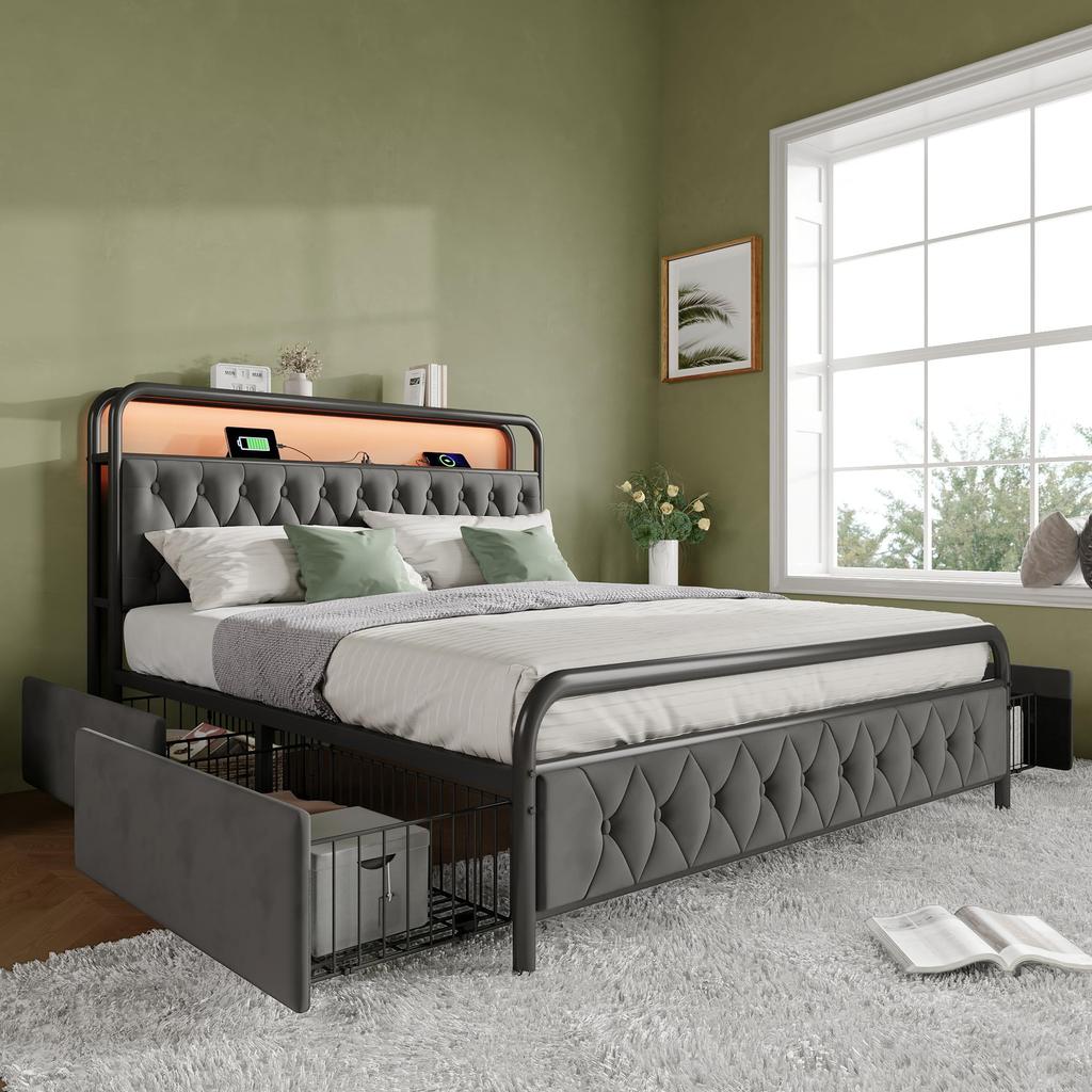 Upholstered Bed Metal Bed 90x200cm 2 Drawers LED Lighting Charging Function Storage Shelf Stable Metal Frame Storage Space Velvet Without Mattress Grey