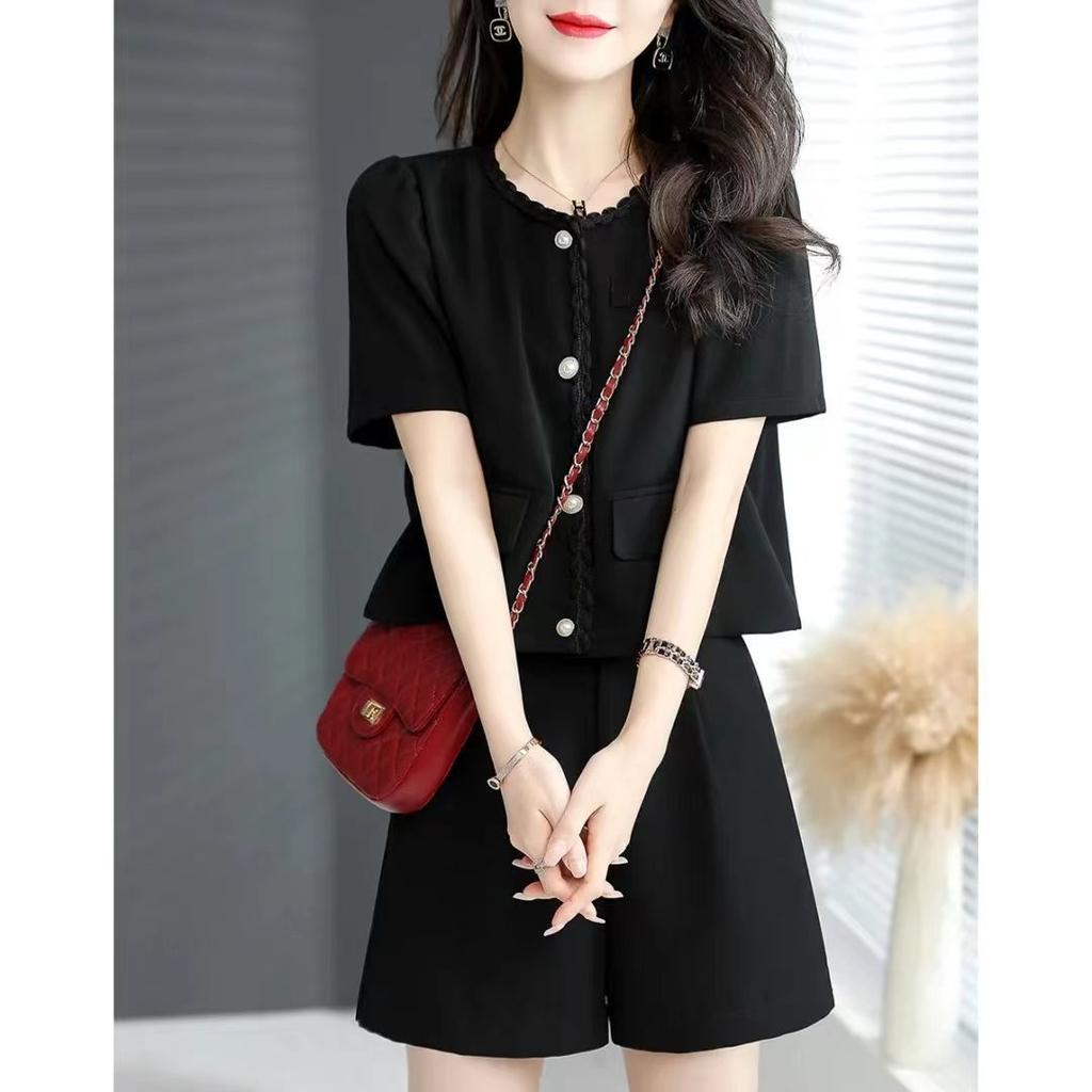 Casual Shorts Set Women Summer Small Black Short Sleeved Shirt Sets Summer