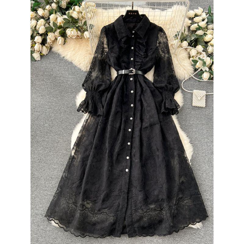 Retro Machine Embroidery Silm Long Lace Dress