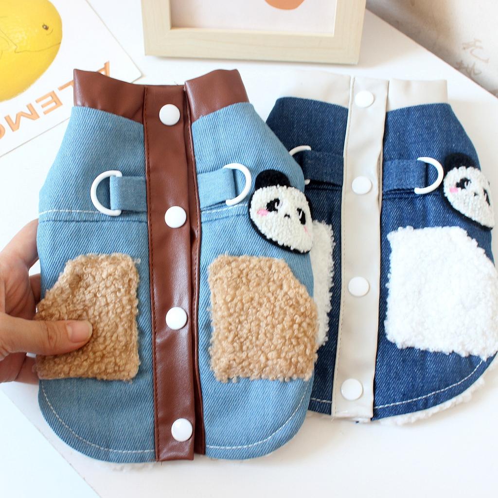 Dog cat clothes autumn and winter thick panda denim cotton-padded jacket velvet warm autumn winter clothing leash dog clothes