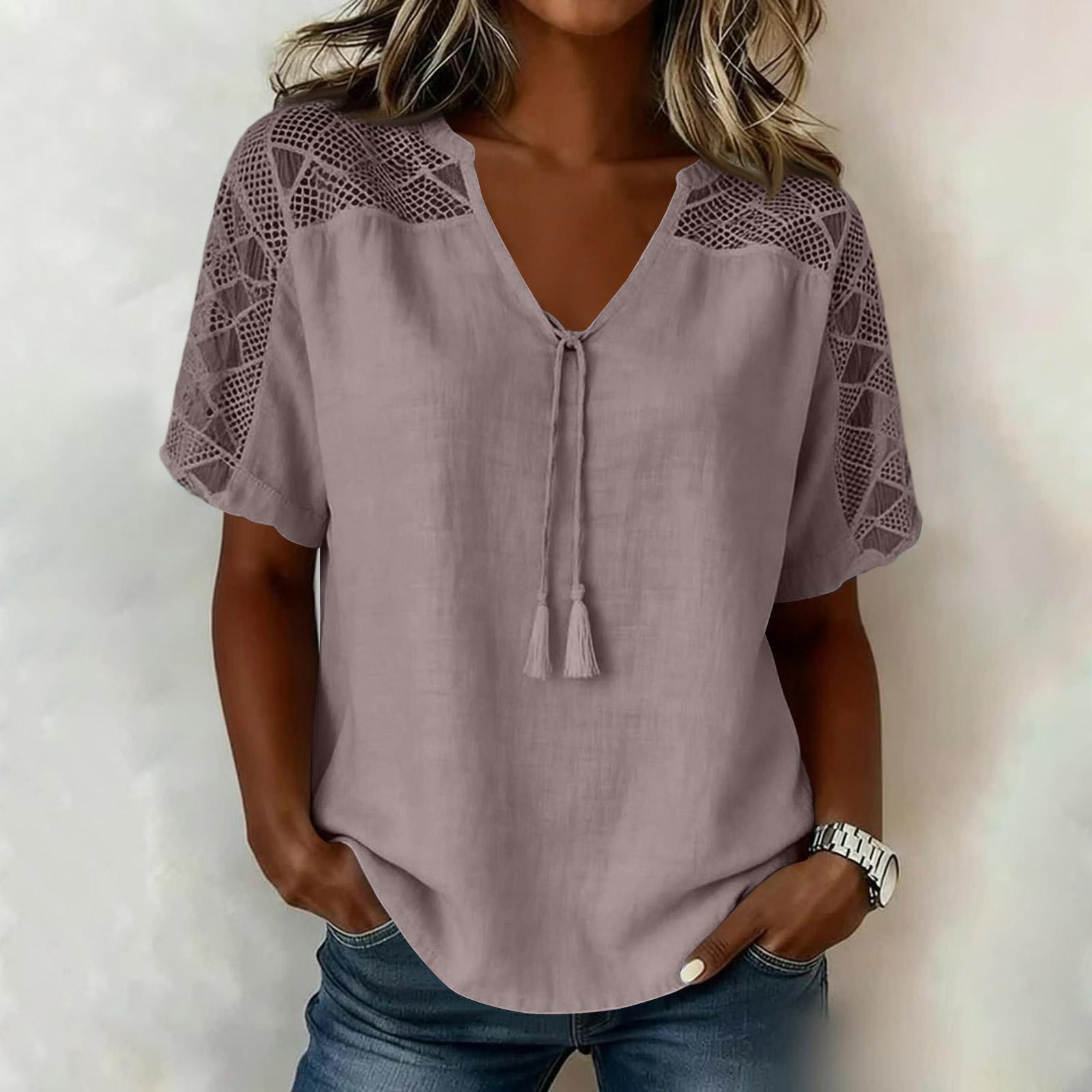 Women s Fashion Casual Lace-Panel  Color U-Neck Short Sleeve Top L