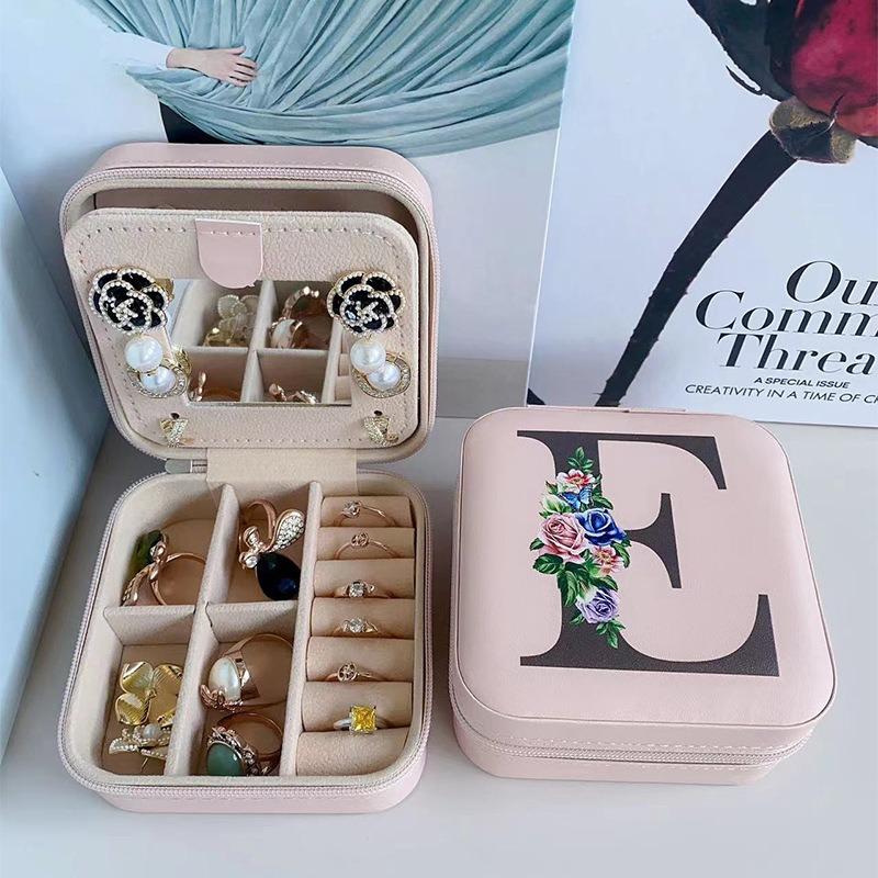 PU Leather Jewelry Box Mirror Storage Box 26 Letter Printed Portable Jewelry Organizer Earring Ring Necklace Case