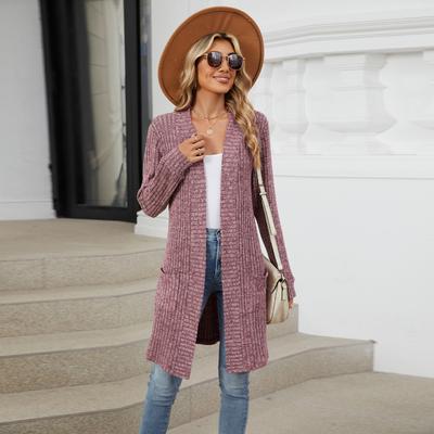 Cardigan da donna lungo a maniche lunghe a tinta unita largo con tasca