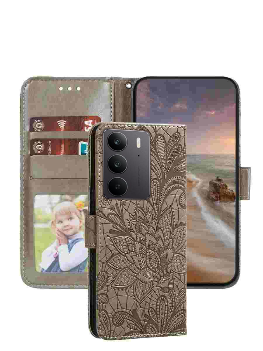 

Чехол-книжка для Realme C71 C75 C51 C53 C61 C63 C67 14T 14 Note 60 60x 50 8 8i 12 11 Pro 10 Женский подарок для мамы Кожаный откидной чехол Слоты для карт Realme 14 5G серый