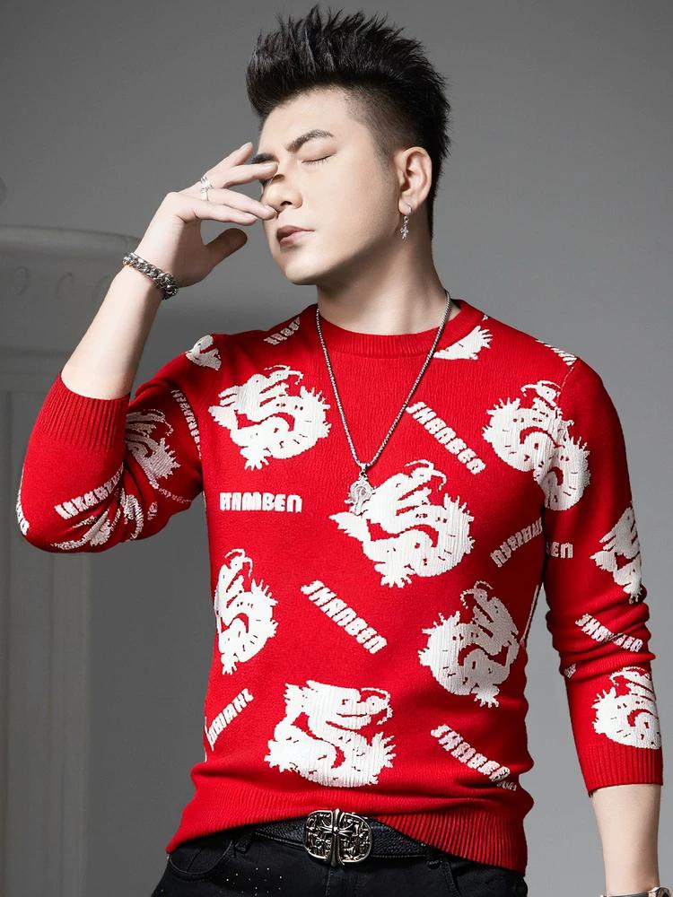 

European-Style Autumn and Winter Red Knitted Base Sweater for Men, Round-Neck Fashionable Warm Pullover Long-Sleeve Sweater 3XL красный