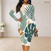 Women Plus Size Round Neck Long Sleeve Leaf Printed Bodycon Midi Dress