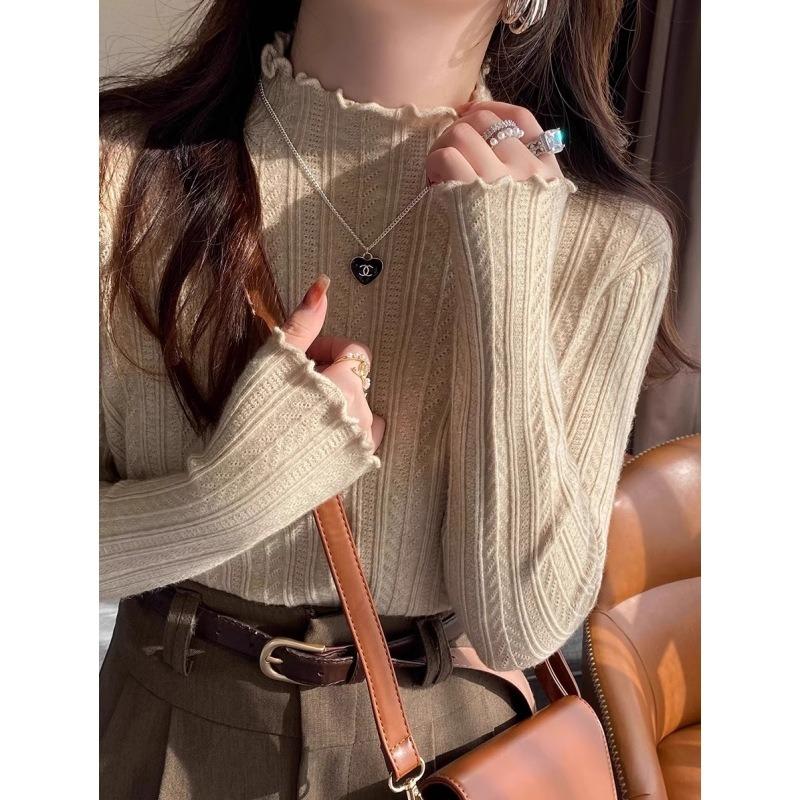 Spring Gentle Fungus Edge Semi-turtleneck Long-sleeved Sweater Femininity Slim and Thin Inner Top