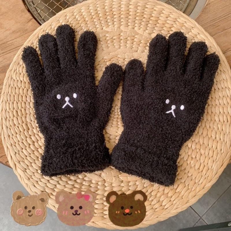 Cute Cartoon Bear Embroidered Thickened Warm Women's Winter Knit Plush Gloves, Cycling Gloves, Outdoor Warm Gloves