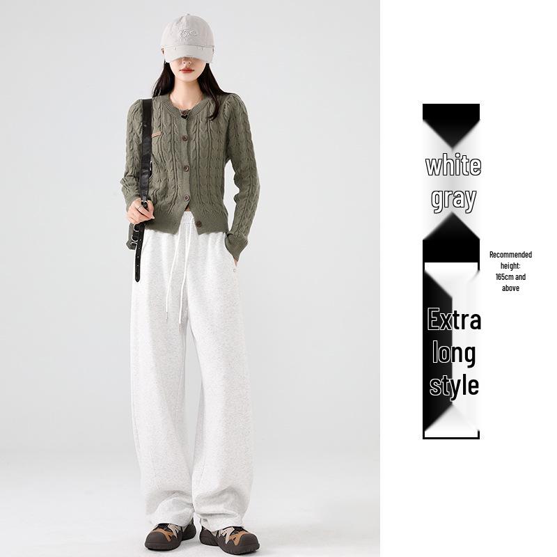 Pantalones de chándal grises de pierna ancha de cintura alta adelgazantes estilo americano para mujer - Primavera Engrosados con Felpa Ajuste Petite