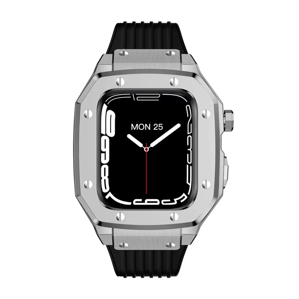 Paslanmaz Çelik Kasa+Kauçuk Kayış IWatch 9 45mm 44MM için Silikon Bant Modifikasyon Kiti Apple Watch Serisi 9 6 5 4 SE 8 7 45 için