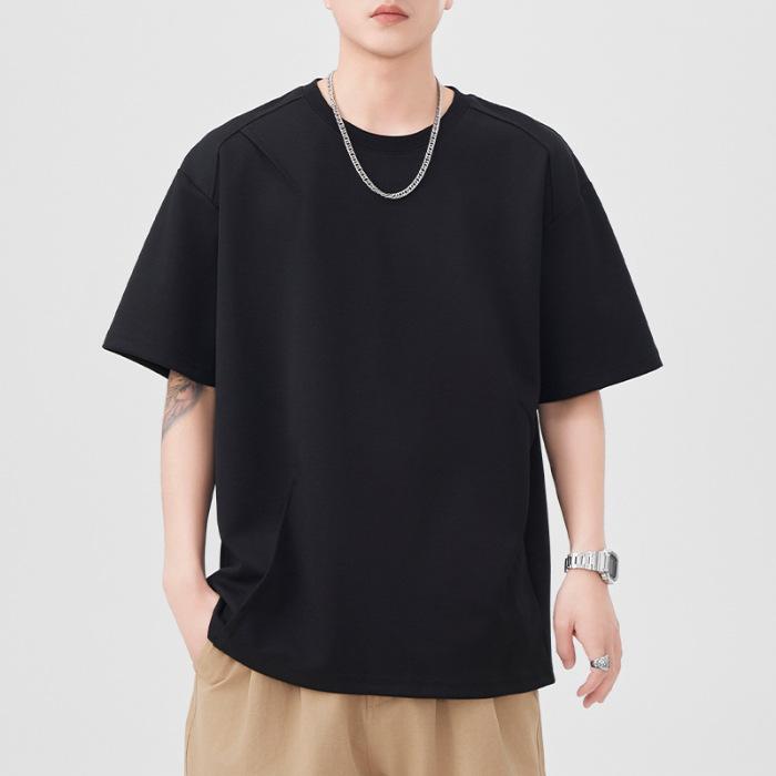 New Summer Short-sleeved T-shirt for Men's Pleated Round Neck Loose Five-point Sleeve T-shirt Japanese Retro
