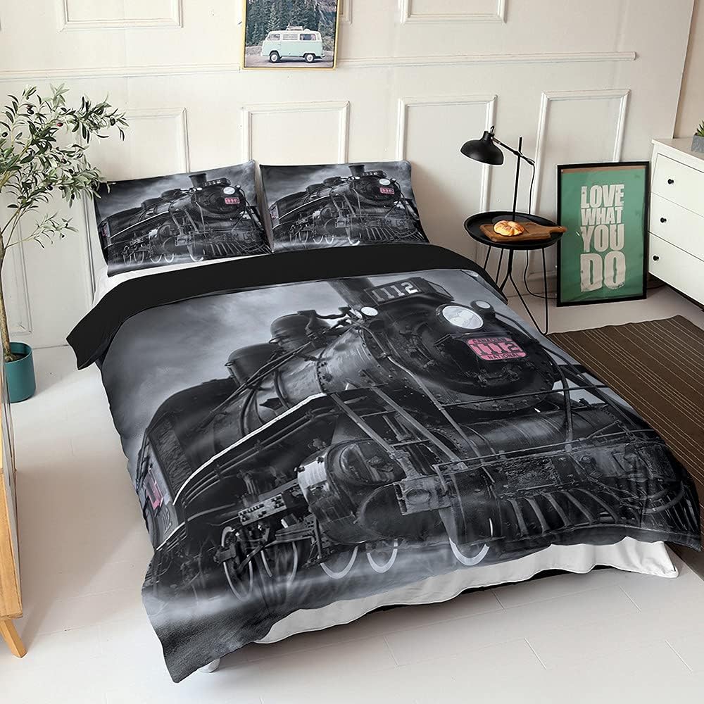 3D Train Digital Printing Duvet Cover Black Gray Retro Steam Train Theme Bedding Set Microfiber Duvet Set Train Track Pillowcase