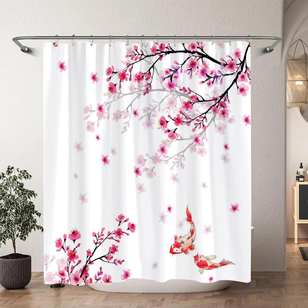 Japanese Cherry Blossom Watercolour Print Shower Curtain Koi Waves Chinese Ink Painting Polyester Shower Curtains Bathroom Decor