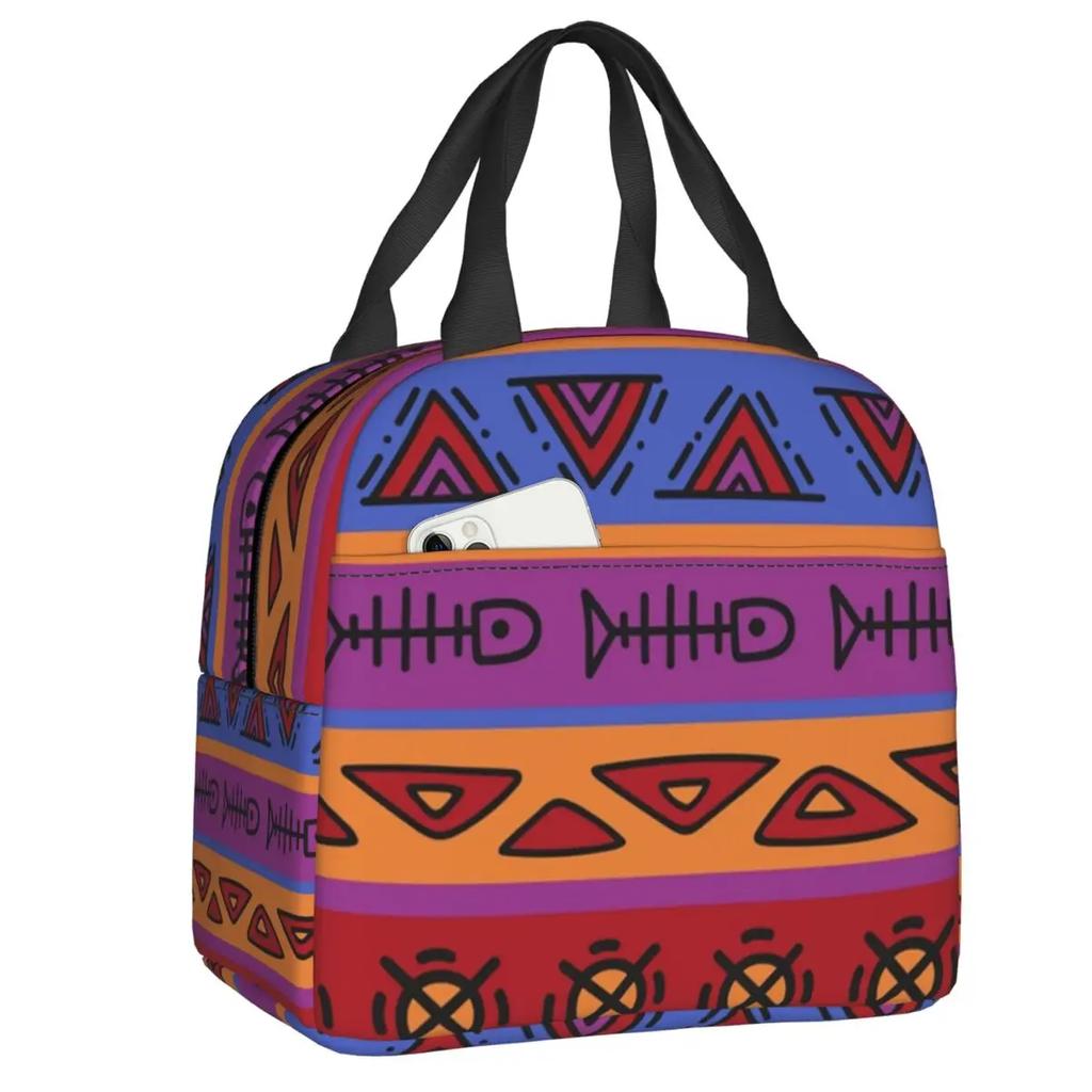 African Tribal Ankara Fabric Style Pink Thermal Insulated Lunch Bags Women Geometric Ethnic Art Portable Lunch Tote Food Box