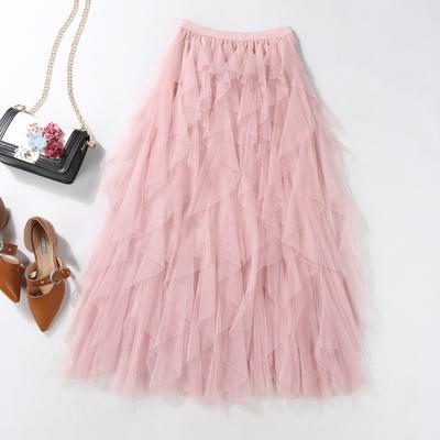 Langer Maxirock Damenmode Koreanisch Niedlich Rosa Hohe Taille Faltenrock Mesh Weiblich Dame Ästhetisch Faldas