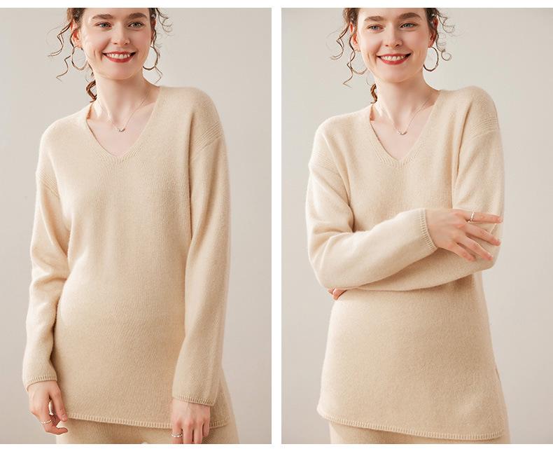 Women's Cashmere V-Neck Mid-Length Slit Sweater, Solid Color, Autumn/Winter Loose Fit