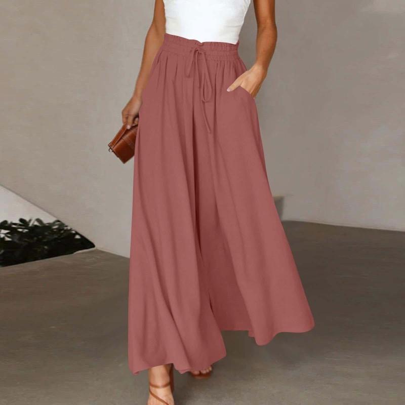 Einfarbige Damenhose mit elastischem Gürtel, weites Bein, hohe Taille, lange Culottes