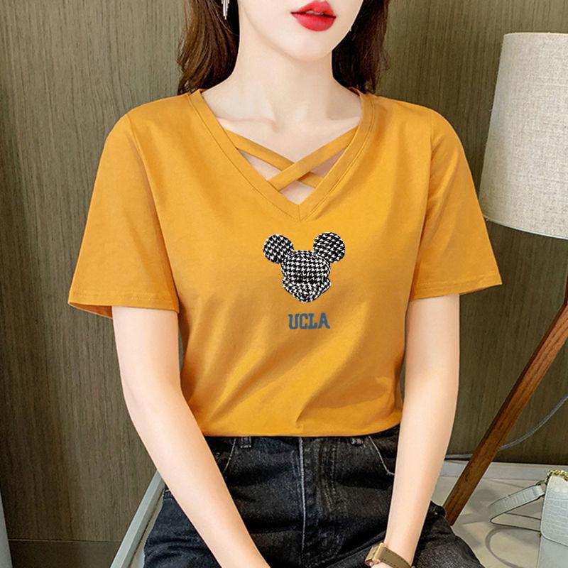 Women's 100% Pure Cotton Crossover V-Neck Short Sleeve T-Shirt - 2024 Korean Casual Summer Fashion Trend