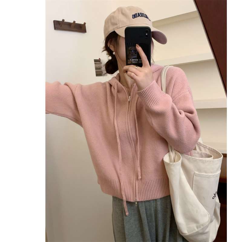 Autumn and Winter Korean Style Zipper Hooded Sweater Cardigan Jacket Women's Loose Fashion Knitted Top