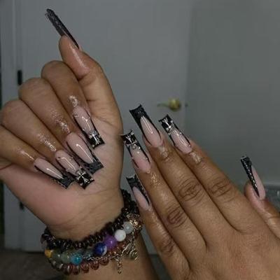 Black French Hollow Press-On Nails with Rhinestones - 24-Piece Set