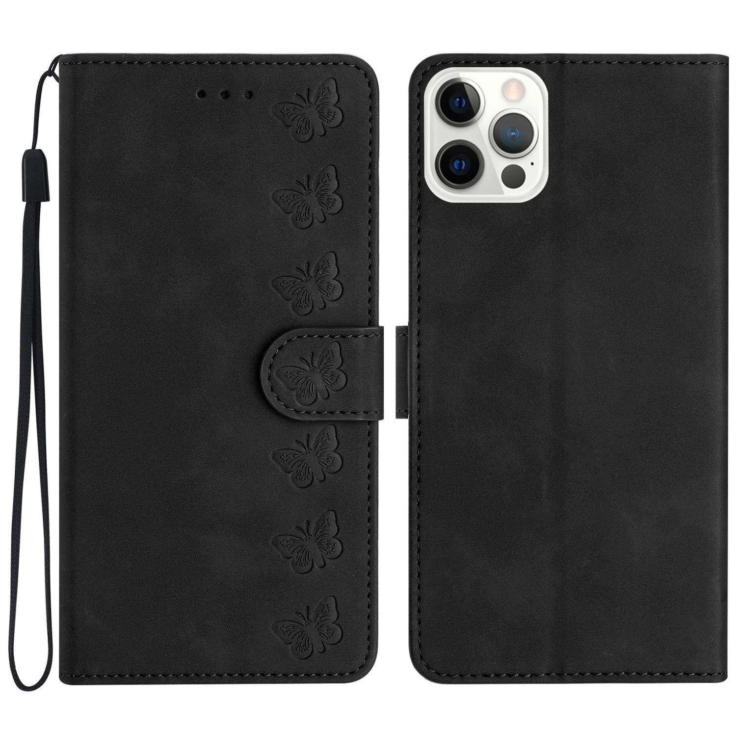 

For iPhone 16 Pro Max Case Wrist Strap Card Holder Slots Butterfly Imprinted PU Leather Phone Cover B