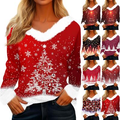 Women's Fashionable Casual V-Neck Christmas Print Long-Sleeved Top