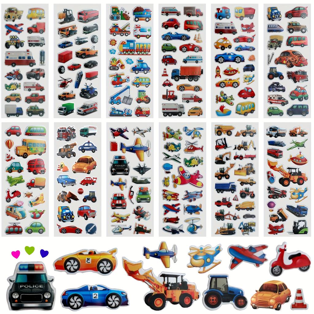 6pcs Vehicle Stickers Cars Fire Trucks Traffic Construction Buses Airplane Rocket and More 3D Puffy Stickers for Laptop JXB
