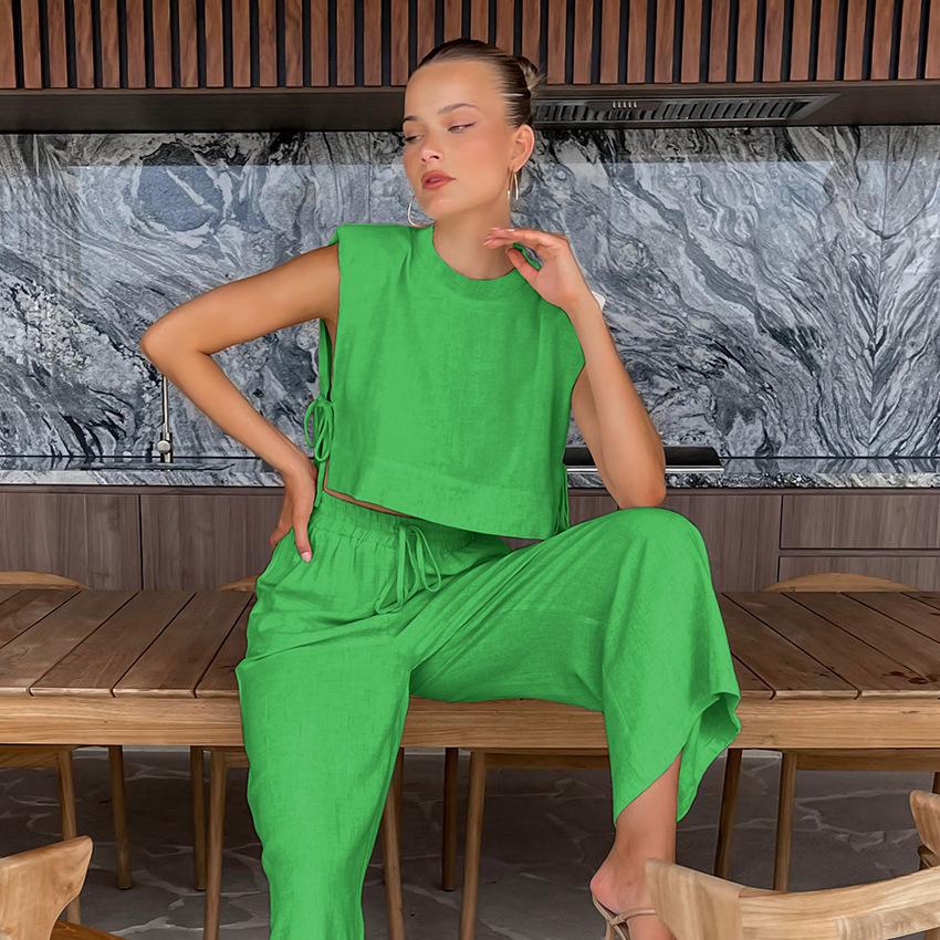 Cotton Linen Pants Sets Khaki Summer Women Two Piece Fashion Lace Up Crop Vacation Elastic Waist Loose Long Pants Suits