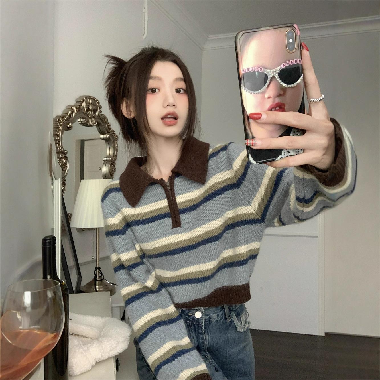 Foreign retro versatile Polo neck knitted sweater women s autumn and winter loose and thin contrasting stripes average size