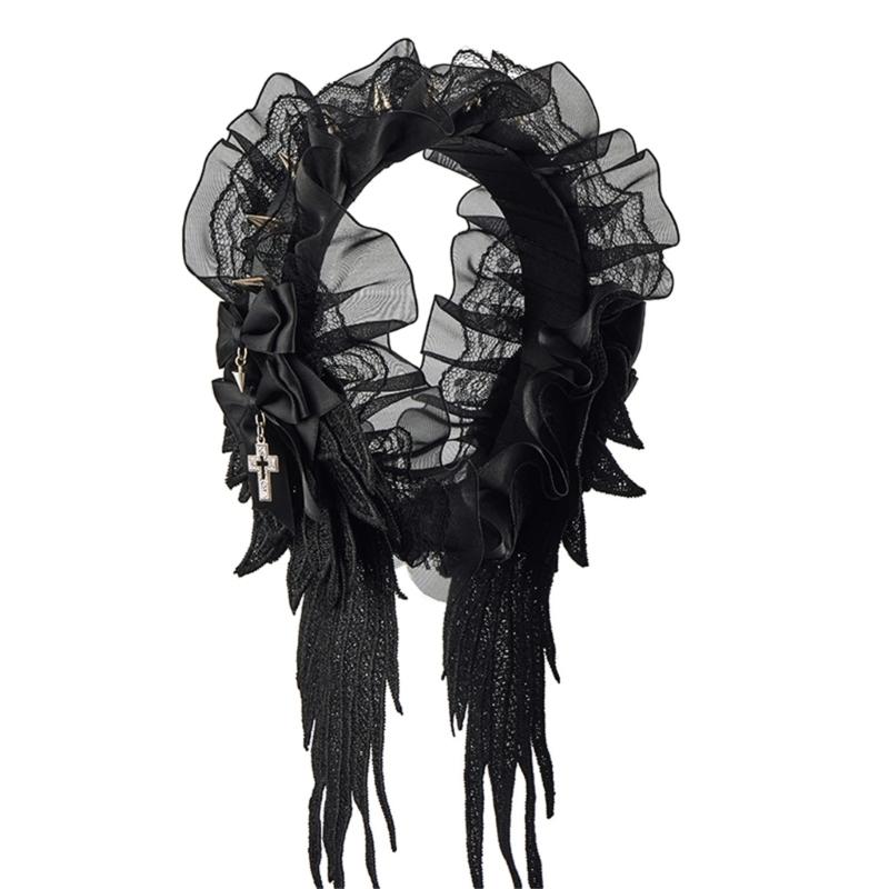 A52E Fashionable Gothic Hair Accessory Headdress With Ruffled Lace And Winged Angel Design For Women And Teens