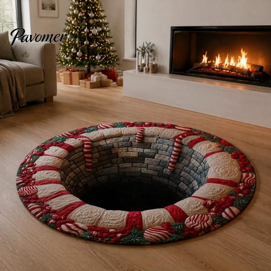 Round Christmas Area Rug Rug, 3D Optical Illusion Floor Mat with Santa Candy Cane Print, Non-Slip Stain Resistant Carpet for Living Room Bedroom