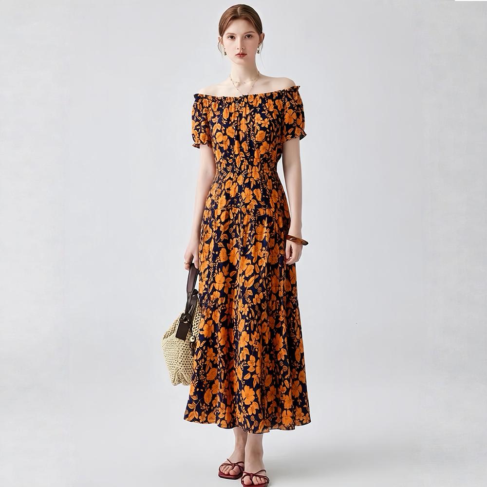 Bohemian Cotton-Silk Floral Printted Off-the-Shoulder French-Style Summer Dress for Women Ethnic-Style Elastic Waistband Pleayed Long Dress