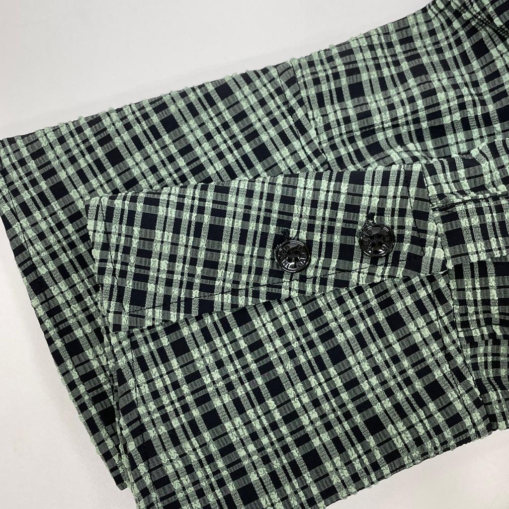 GANNI Green x Black Nylon Blend Seersucker Check Off-Shoulder One-Piece dress 32 Green x blackUsed