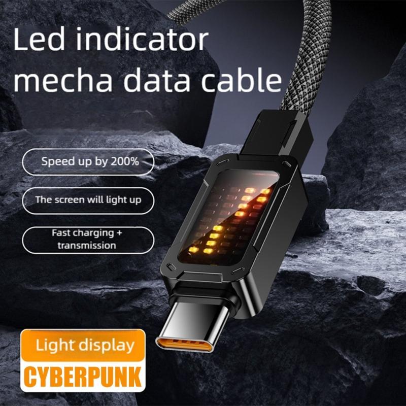 Heavy Duty Aluminum Alloy USB C Cable Wire PD100W Fast Charge And Data Transfer With Dynamic Colorful LED Light Effects