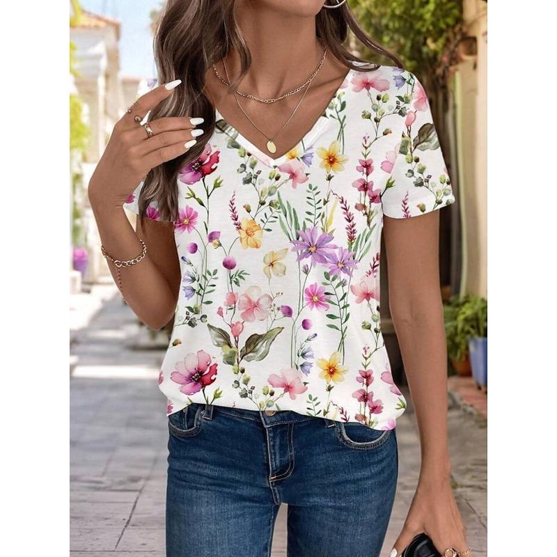 Women's Trendy T-Shirt Flowers Graphics Fashion Short Sleeved V-Neck Regular Tops Daily Print Tee Summer Y2K Casual Tops