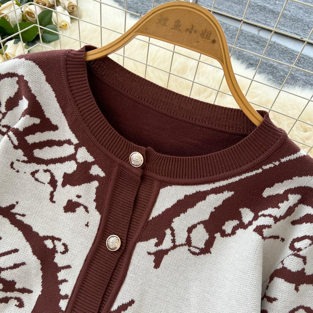 Autumn Winter Women Casual Print Knitted Sweater Trouser Two Piece Set Single Breasted Jacket Tops and Drawstring Pant Tracksuit