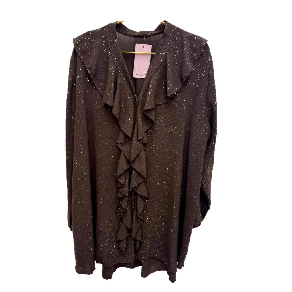 2025 Gold Splashed Wood Ear Trim V-Neck Loose Casual Long-Sleeved Shirt