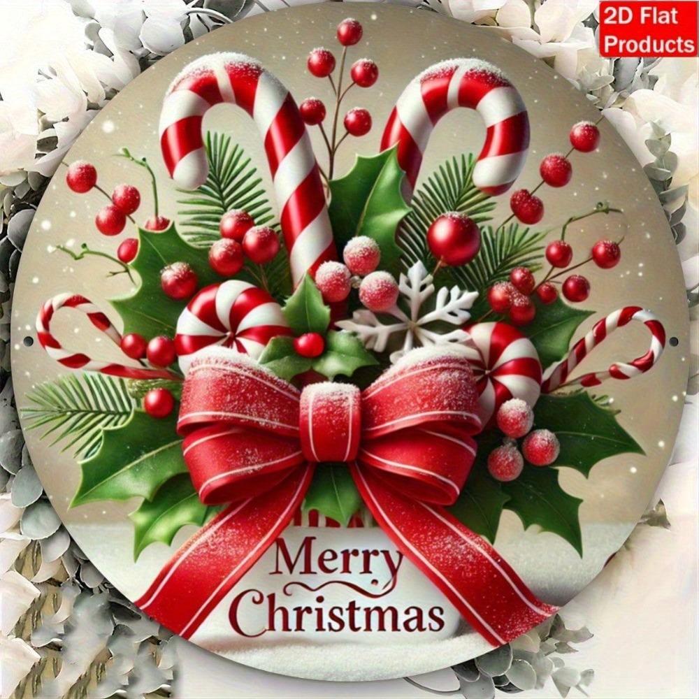 Vintage Metal Tin Sign Candy Canes Christmas Decor Round Wall Hanging Art Home Bar Cafe