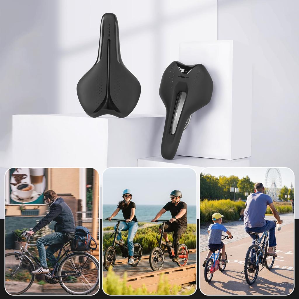 ROCKBROS Bicycle Saddle Short Comfort Saddle Memory Foam Shock Absorption Water-Resistant Lightweight Black