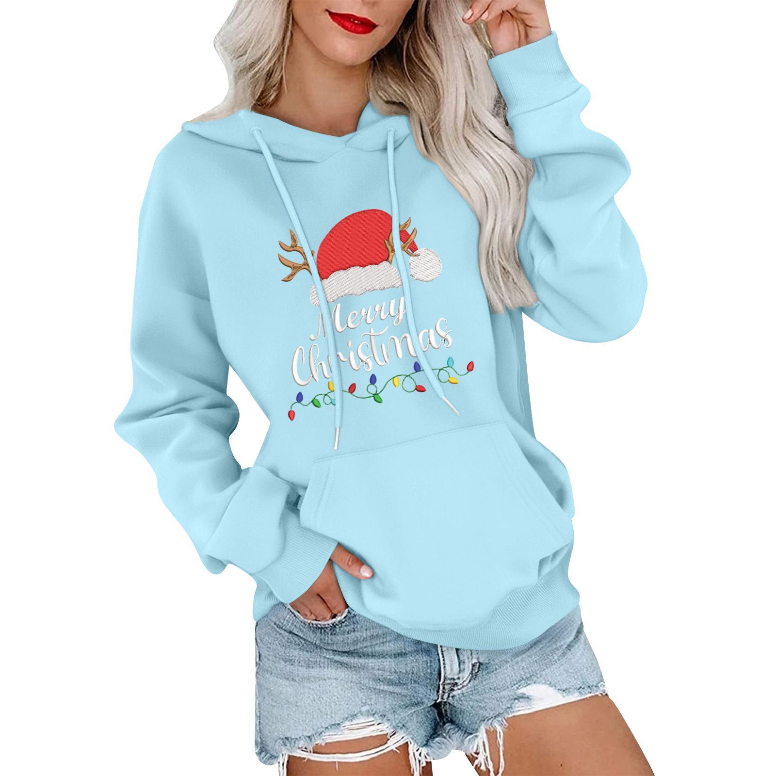 

Женский повседневный удобный свитшот с капюшоном, длинным рукавом и рождественским принтом M