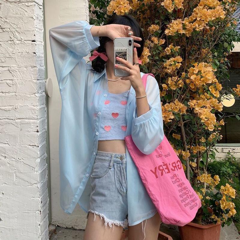 WTEMPO Chiffon Shirt Women Summer Thin Sun Protection Shirt Solid Casual Top StreetWear Versatile Shirt Vintage Female Clothing
