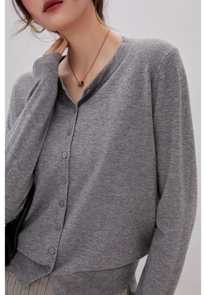 Round Neck Long Sleeve Knit Cardigan - Women's Versatile Solid Color Sweater for Spring and Autumn