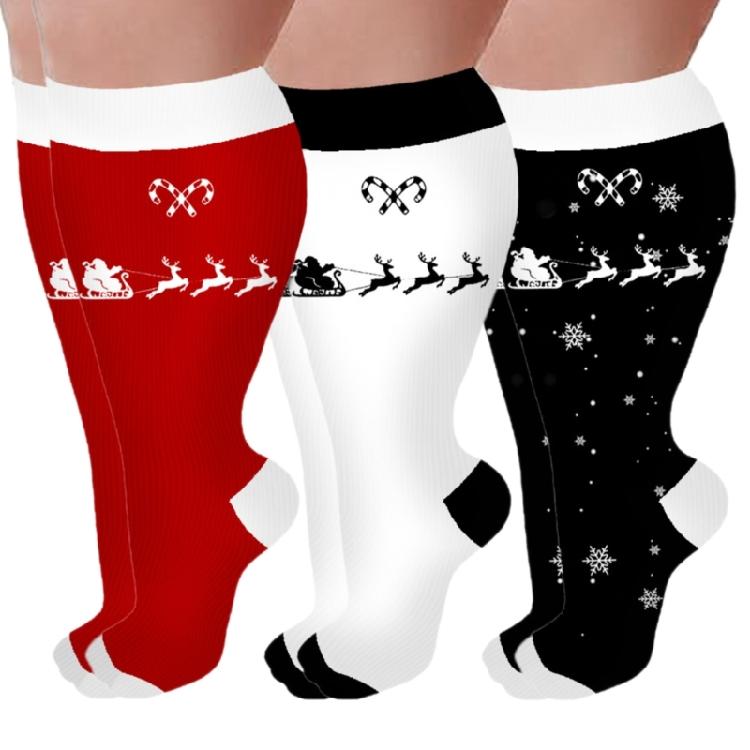 3 Pairs Christmas Pattern Athletic Wide Calf Compression Socks for Men and Women Running Flight Travel Nurses Pregnant