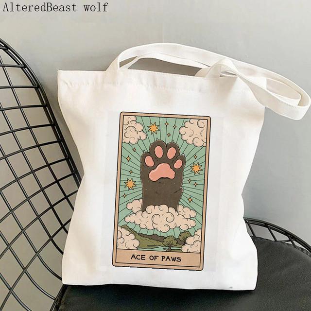 Dam Shopper bag katt Månen Tarot Tryckt Kawaii Väska Harajuku Shopping Canvas Shopper Bag flicka handväska Tote Axel Damväska
