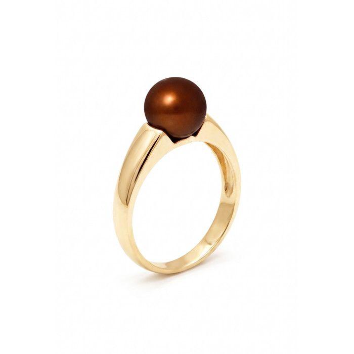 Bague - Pearls &amp; Colors - Véritable Perle d'Eau Douce 8-9 mm - Chocolat - Or Jaune 375/1000 - Bijou Femme