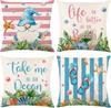Hello Summer Throw Pillow Covers 18 In X 18 In, Farmhouse Coastal Starfish Seashell Cushion Case For Sofa Couch Set Of 4