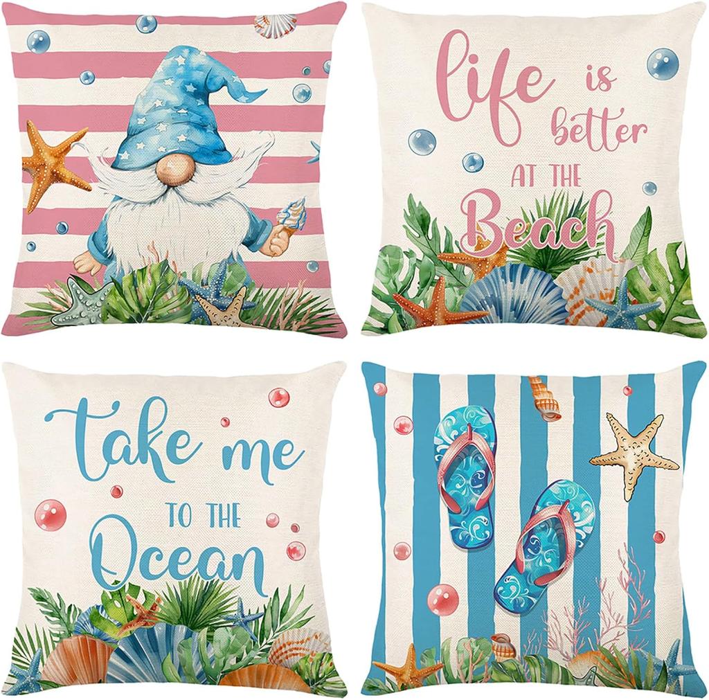 Hello Summer Throw Pillow Covers 18 In X 18 In, Farmhouse Coastal Starfish Seashell Cushion Case For Sofa Couch Set Of 4